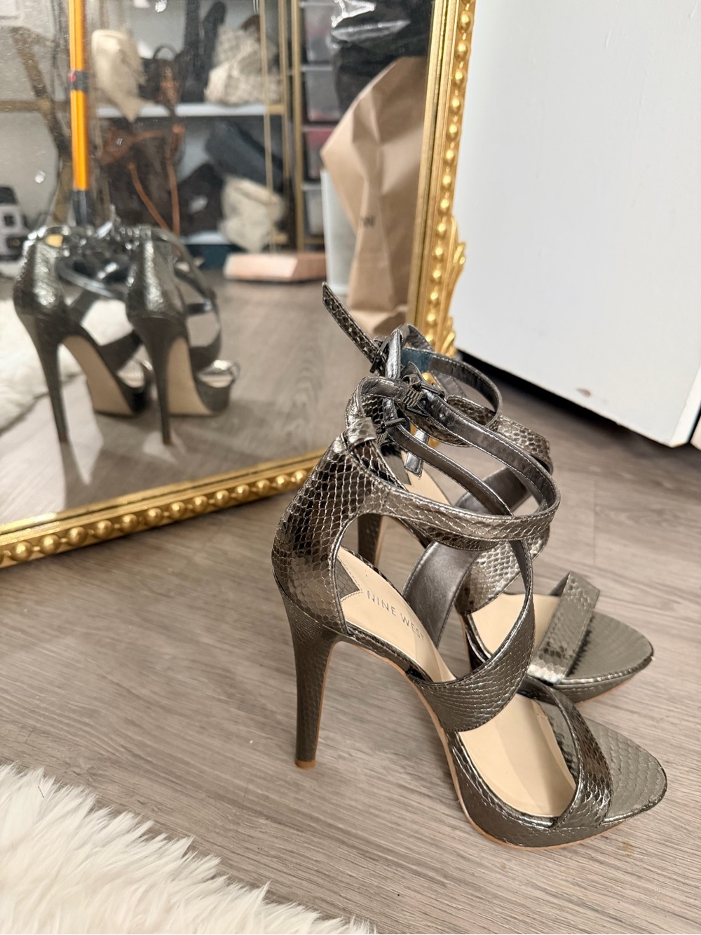 Nine West Metallic Snake-Embossed Strappy Heels in Silver